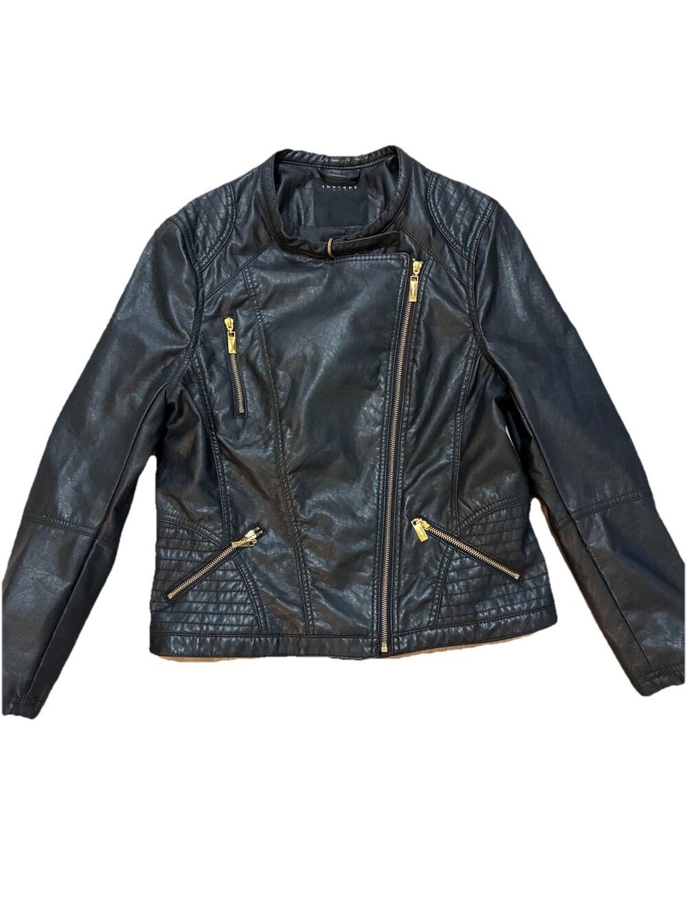 Therapy Women’s Moto Jacket Black Vegan Faux Leather Zippers Pockets XL Biker - Picture 2 of 6